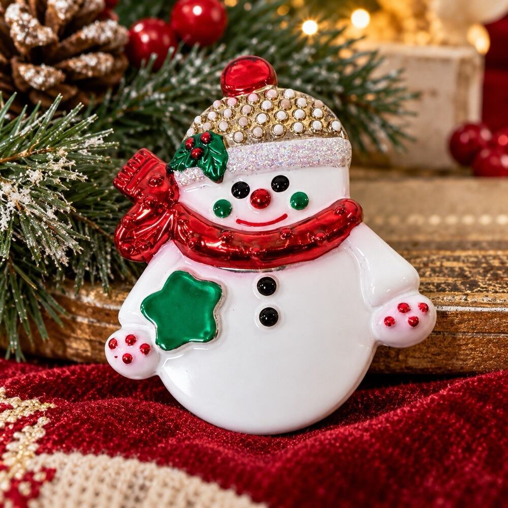 BEST Snowman Brooch Pendant Silver Plated Enamel Rhinestone Christmas Pin